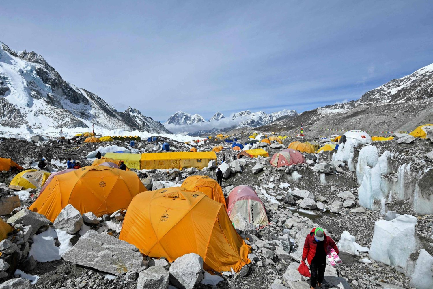 (FILES) Tents of mountaineers are pictured at the Everest base camp in the Mount Everest region of Solukhumbu district on May 3, 2021. (Photo by Prakash MATHEMA / AFP)