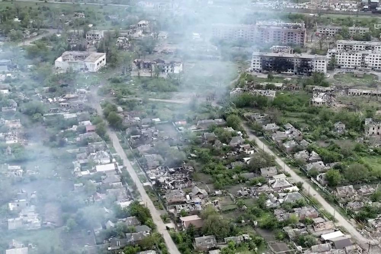 This drone footage obtained by The Associated Press shows the village of Ocheretyne, a target for Russian forces in the Donetsk region of eastern Ukraine. (Kherson/Green via AP) 