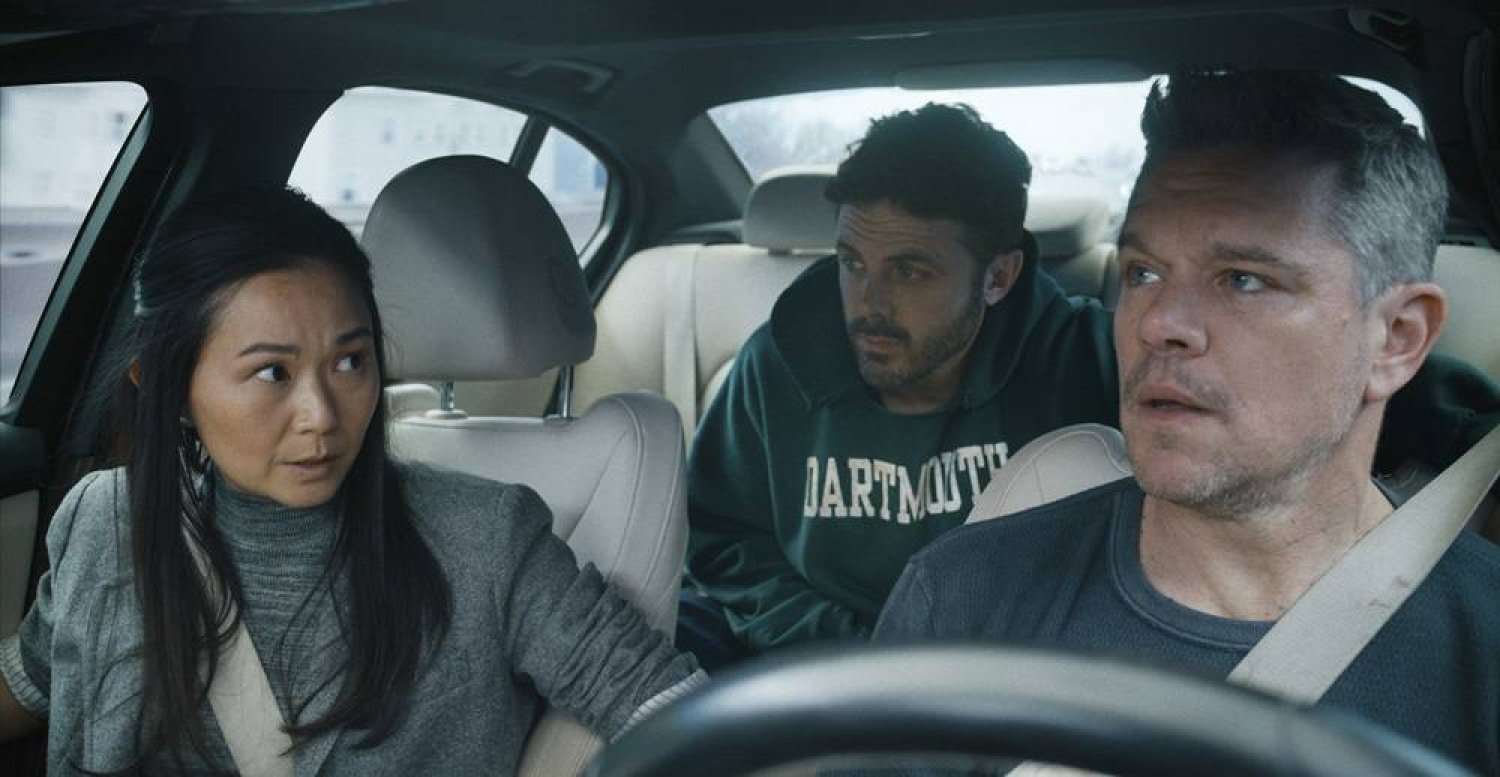  This image released by Apple TV+ shows Hong Chau, from left, Casey Affleck. and Matt Damon in a scene from "The Instigators." (Apple TV+ via AP) 
