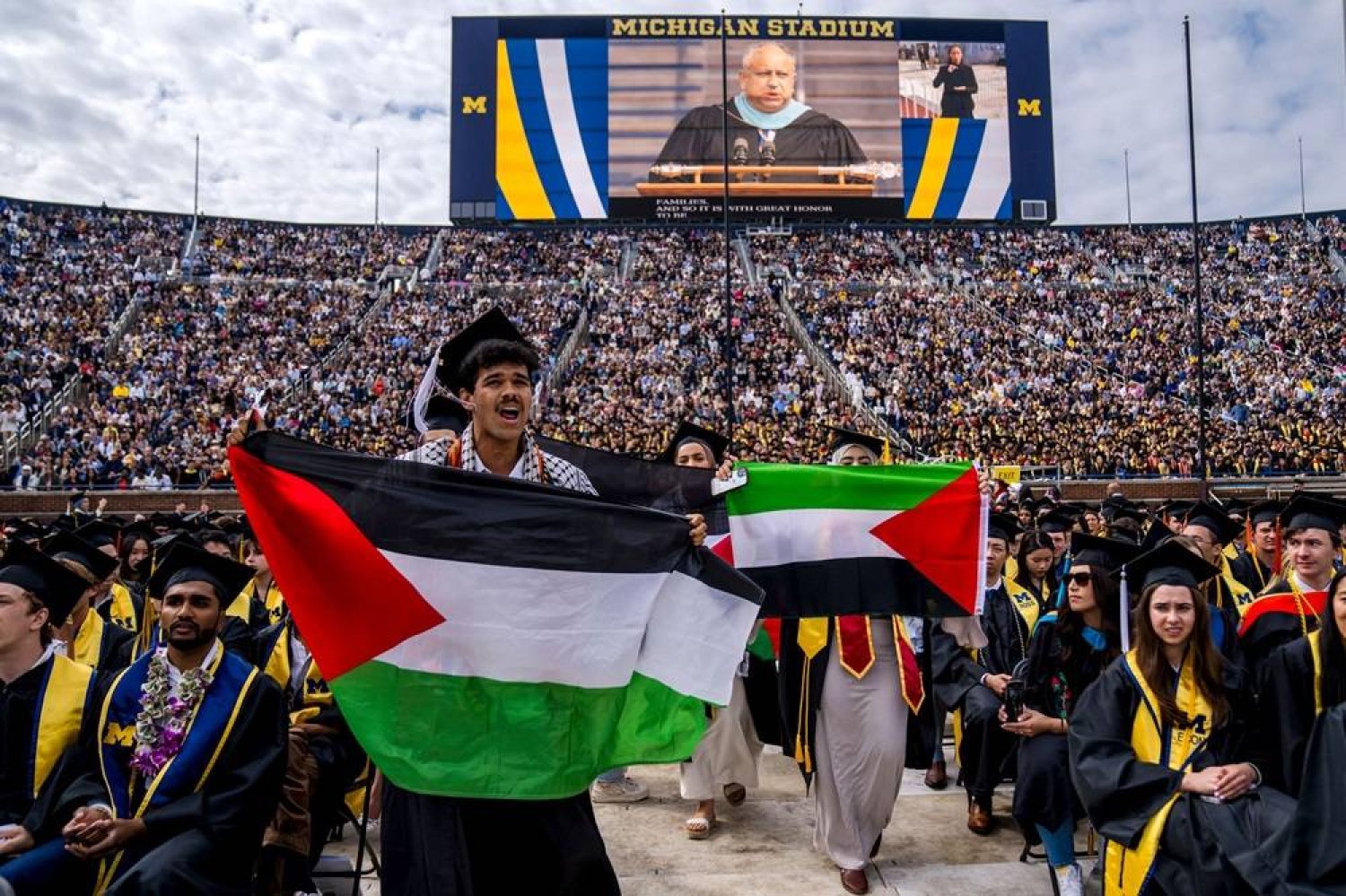 Students protest in support of Palestine during the University of Michigan's Spring Commencement ceremony on May 4, 2024 at Michigan Stadium in Ann Arbor, Michigan. (Getty Images/AFP)