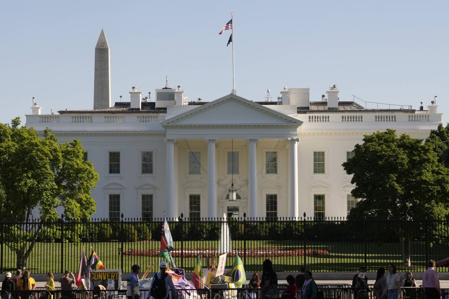 The White House is photographed from Lafayette Park on Wednesday, May 1, 2024, in Washington. (AP Photo/Jon Elswick)