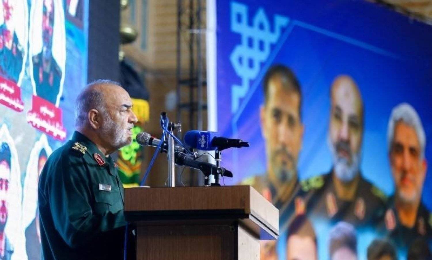 IRGC leader Gen. Hossein Salami speaks during a ceremony honoring General Mohammad Reza Zahedi, who was killed in an Israeli airstrike on the Iranian consulate in Damascus last month. (Tasnim) 