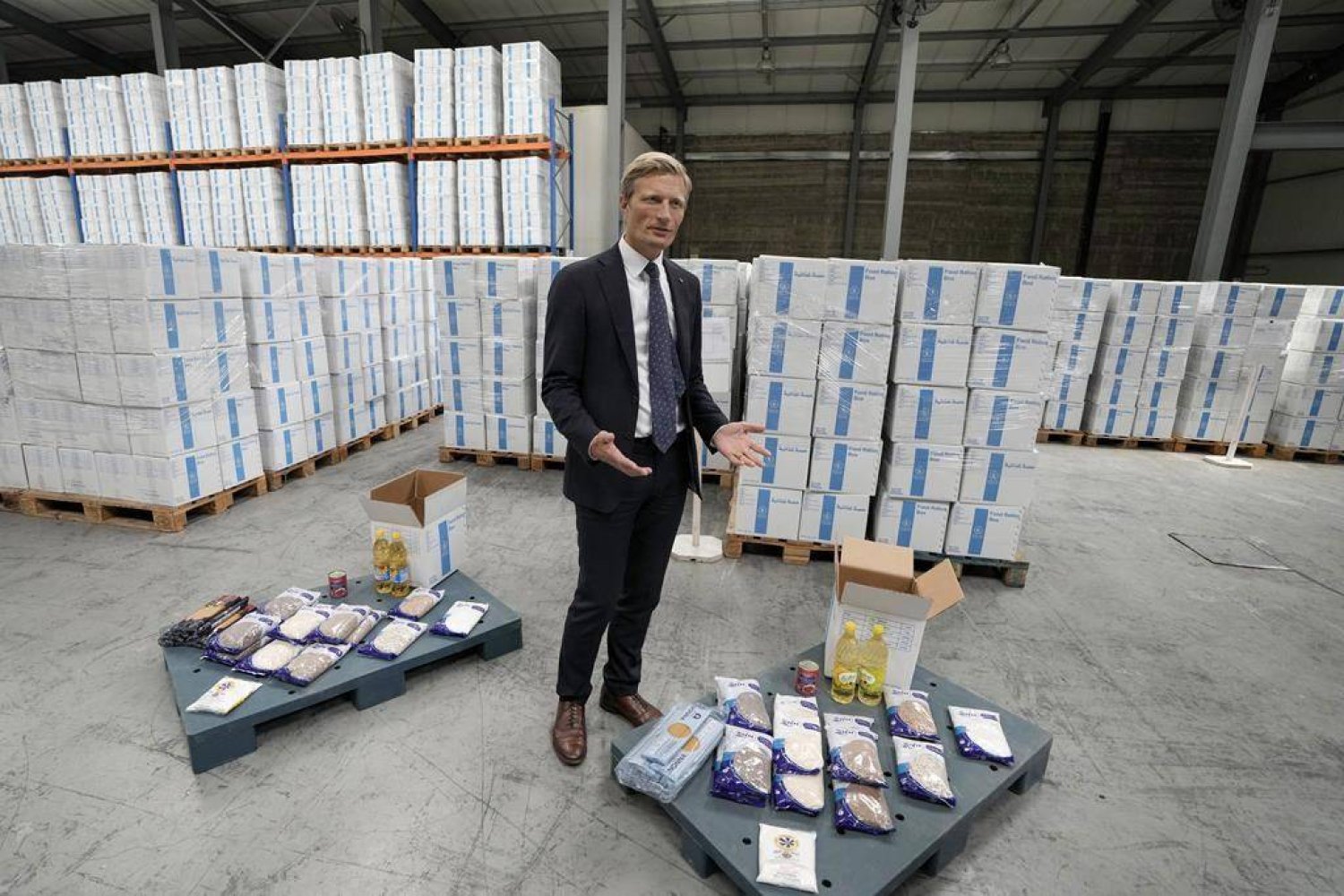 Carl Skau, deputy executive director of the UN World Food Program (WFP), speaks during an interview with The Associated Press as he tours a WFP warehouse stocking food rations in the northern Beirut suburb of Dekwaneh, Lebanon, Wednesday, May 8, 2024. (AP Photo/Bilal Hussein)