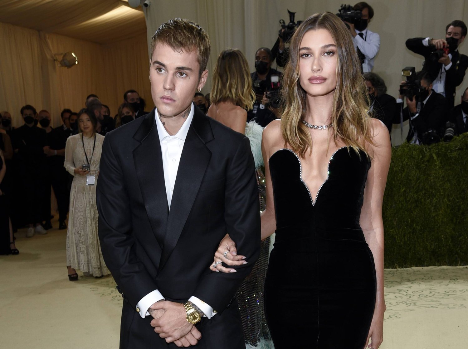 FILE - Justin Bieber, left, and Hailey Bieber attend The Metropolitan Museum of Art's Costume Institute benefit gala on Sept. 13, 2021, in New York. (Photo by Evan Agostini/Invision/AP, File)