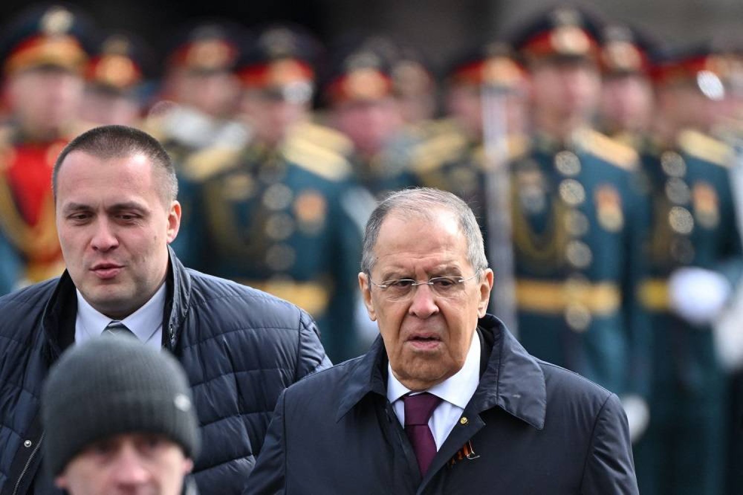 Russia's Foreign Minister Sergei Lavrov (R) arrives to attend the Victory Day military parade on Red Square in Moscow on May 9, 2024. Russia celebrates the 79th anniversary of the victory over Nazi Germany in World War II. (AFP)