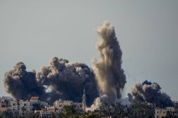 Smoke and explosion following Israeli bombardment inside the Gaza Strip, as seen from southern Israel, Sunday, Feb. 11, 2024. (AP Photo/Ariel Schalit)