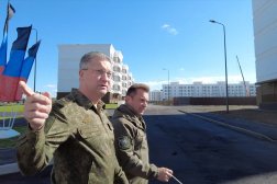 Russian Deputy Defense Minister Timur Ivanov inspects the construction of apartment blocks in Mariupol, Russian-controlled Ukraine, in this still image from video released October 15, 2022. Russian Defence Ministry/Handout via REUTERS