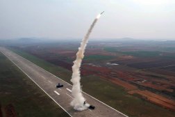 FILED - 20 April 2024, North Korea: A picture released by the North Korean State News Agency (KCNA) on 20 April 2024 shows a "super-large warhead" power test for a strategic cruise missile and a test-fire of a new anti-aircraft rocket near the Yellow Sea. Photo: -/YNA/dpa